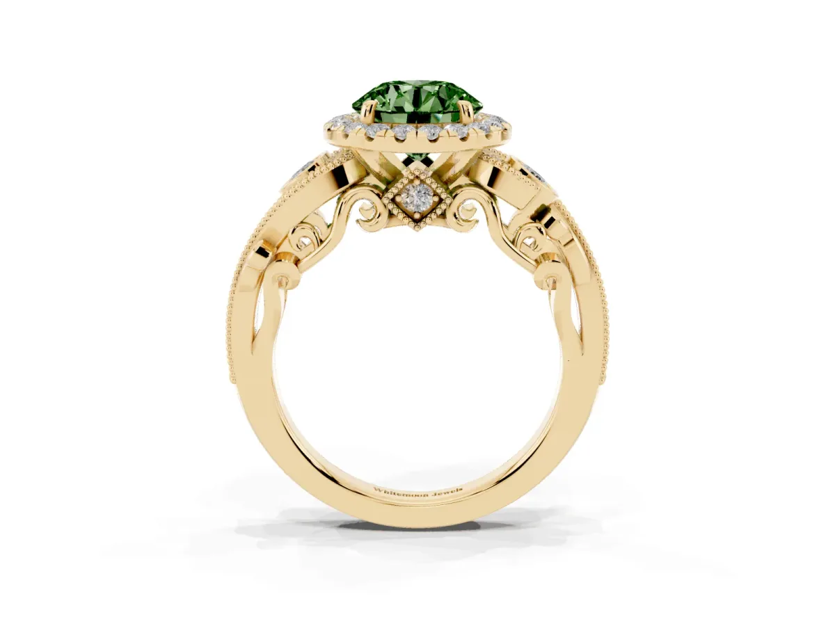 Fancy Green Round Cut Diamond Halo Ring with Milgrain Pavé Band and Four-Prong Setting Yellow gold