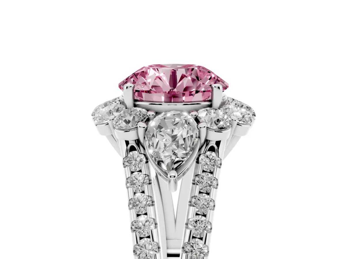 Fancy Pink Round Cut Halo Split Shank Diamond Engagement Ring with Prong Setting Platinum