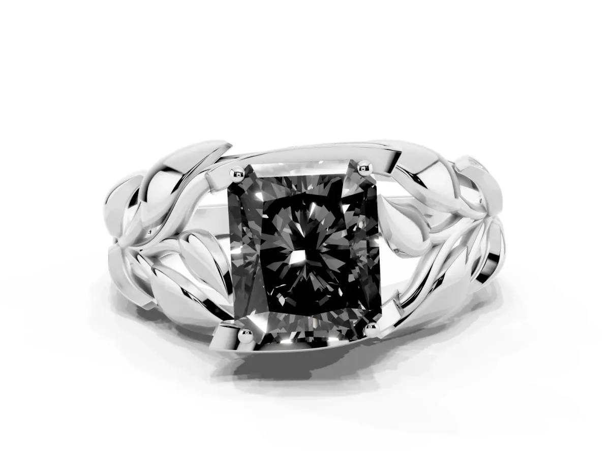 Fancy Black Radiant Cut Diamond Leaf-Inspired Engagement Ring with Round Accents and Prong Setting Silver