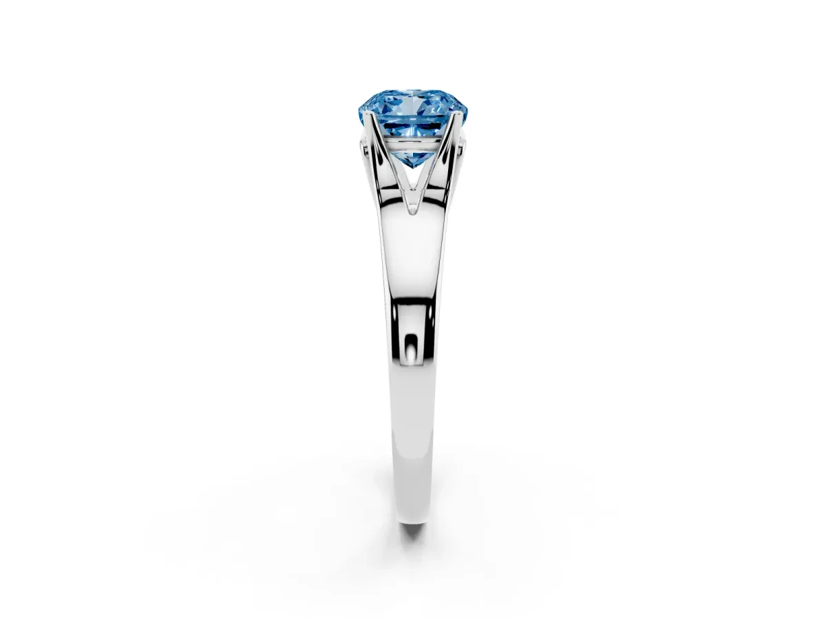 Fancy Blue Cushion Cut Solitaire Diamond Ring with Cathedral Band and Four-Prong Setting Silver