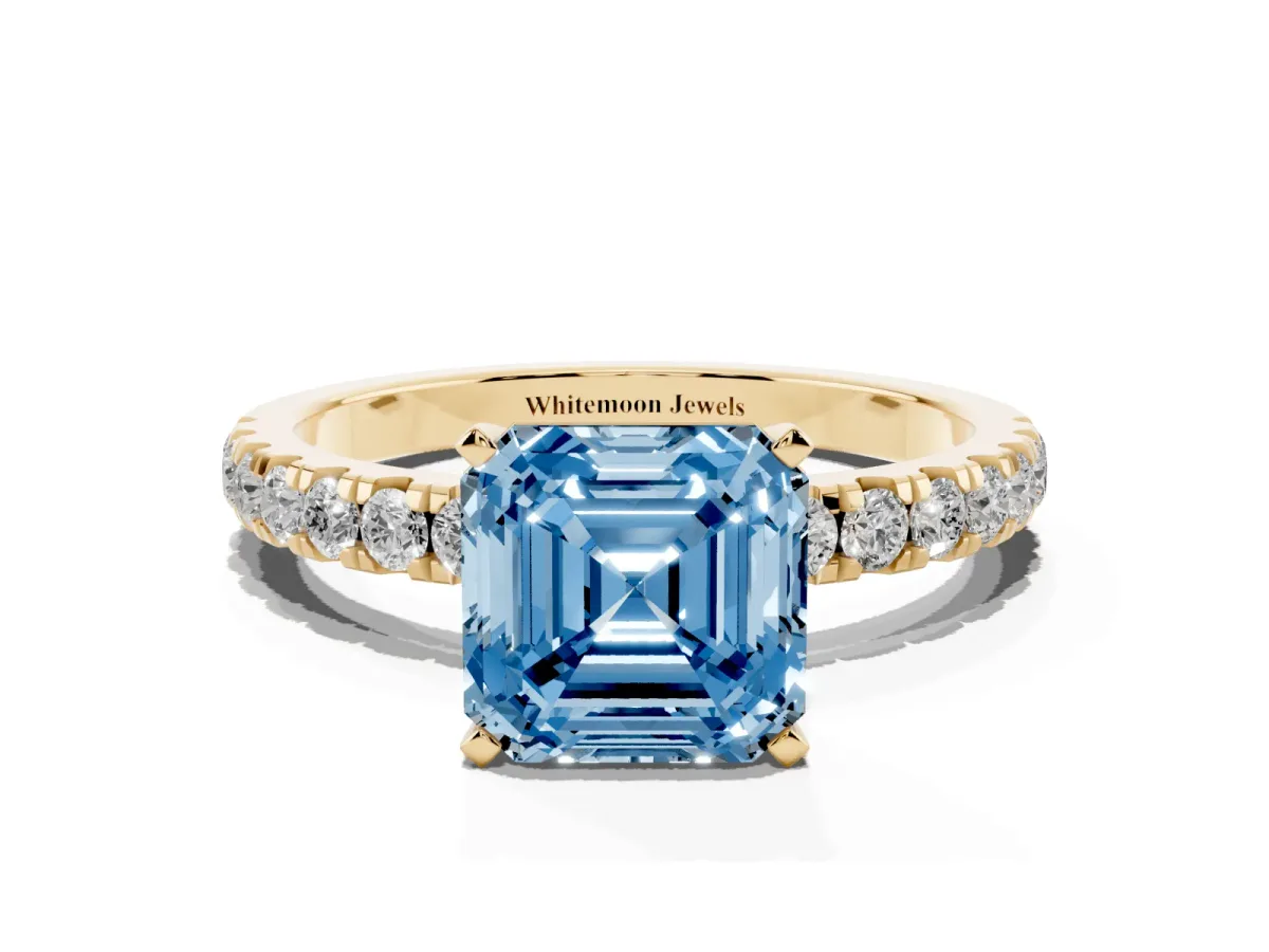 Fancy Blue Asscher Cut Diamond Solitaire Ring with Pavé Accents and Four-Prong Setting Yellow gold