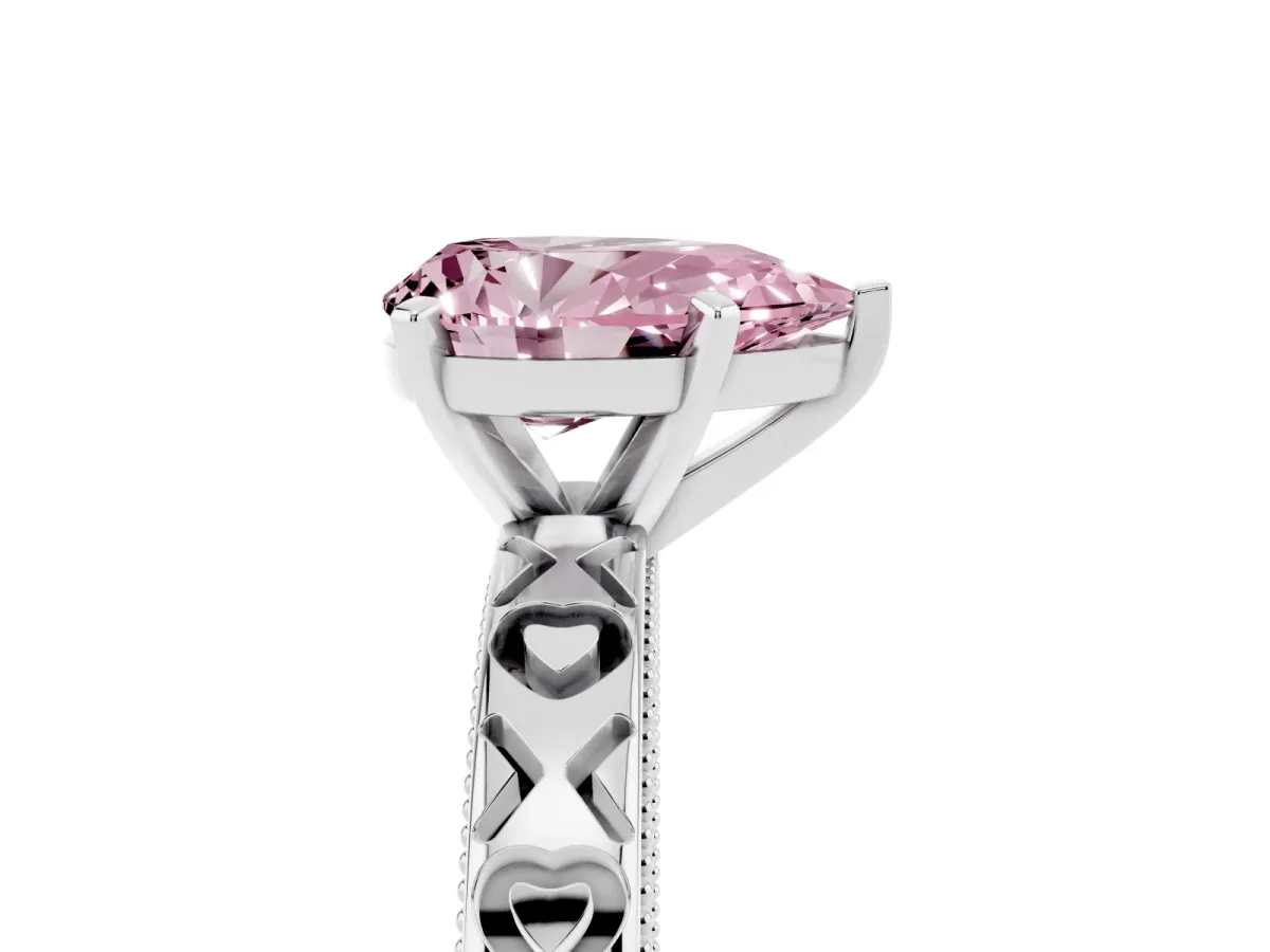 Fancy Pink Pear Cut Solitaire Diamond Engagement Ring with XO Engraved Band and Four-Prong Setting White gold