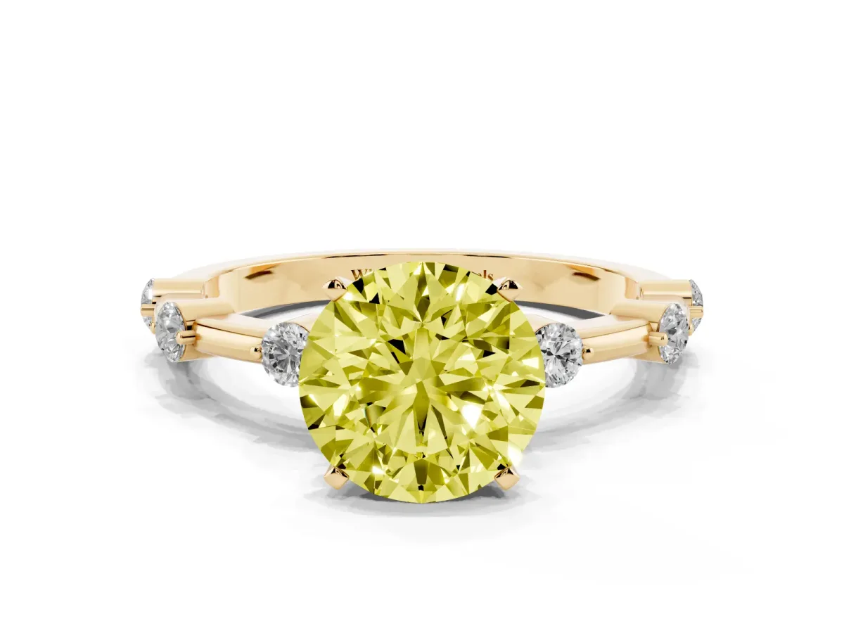 Fancy Yellow Round Cut Solitaire Diamond Ring with Bezel Set Side Stones and Prong Setting Yellow gold
