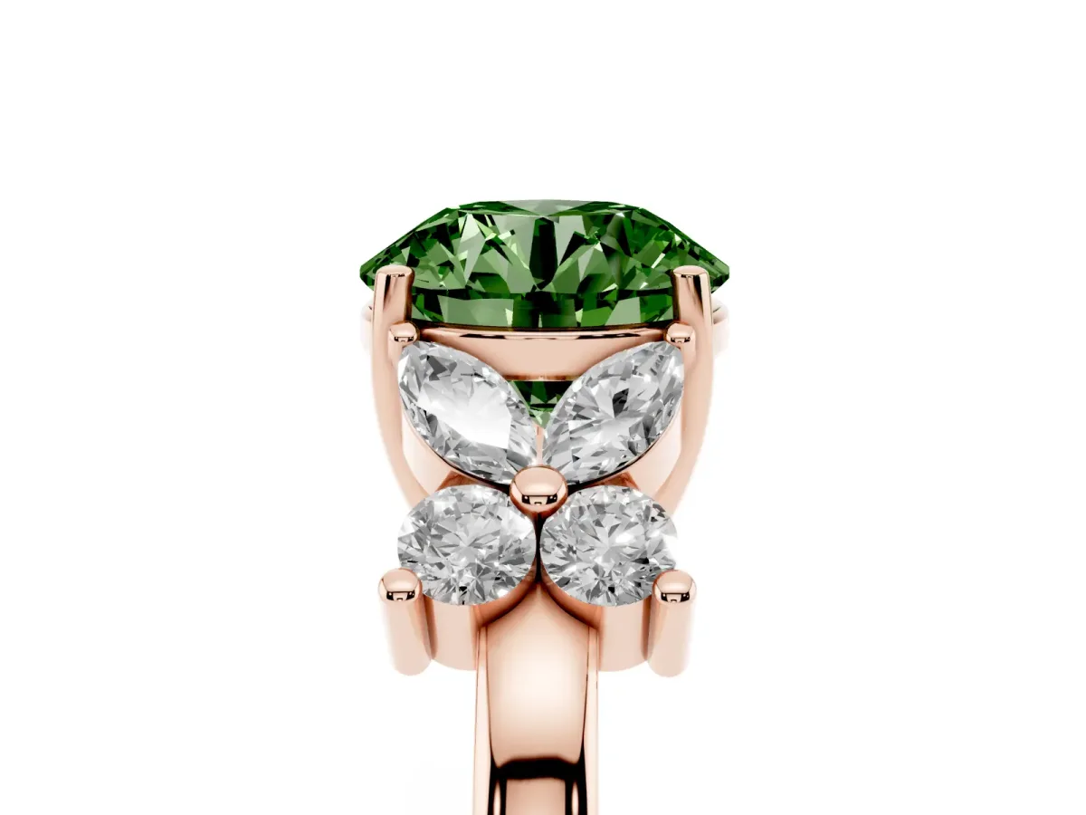 Fancy Green Round Cut Diamond Floral Cluster Ring with Solitaire Band and Prong Setting Rose gold