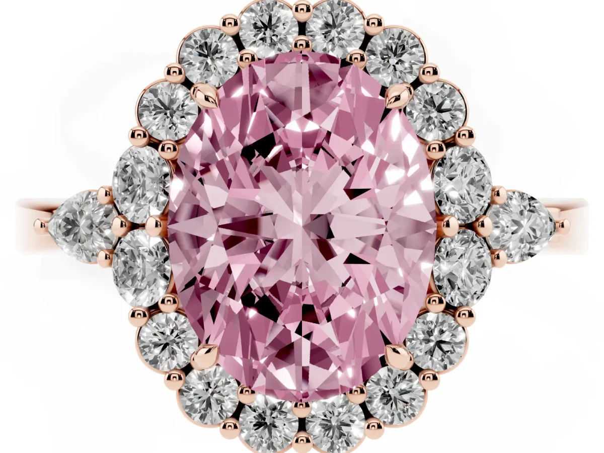 Fancy Pink Oval Cut Diamond Halo Ring with Pear Side Stones and Prong Setting Rose gold
