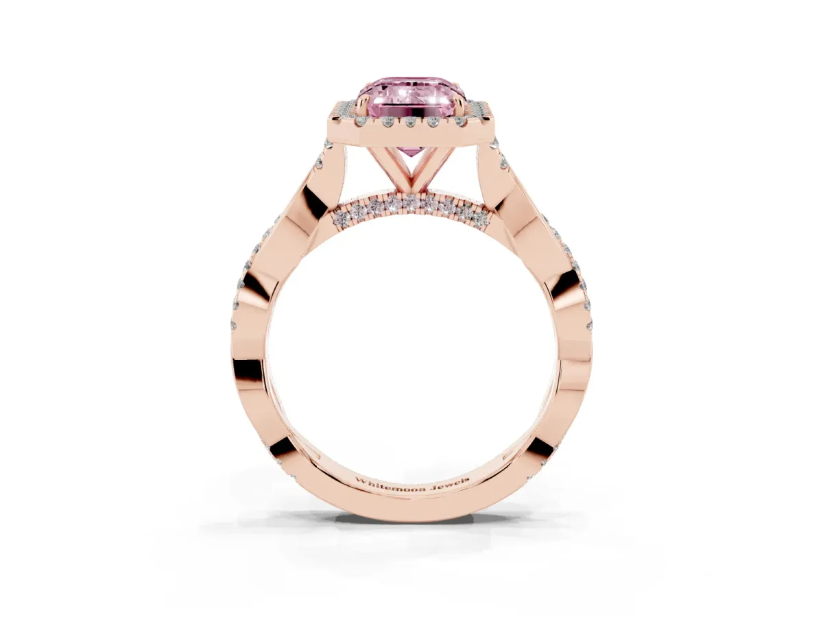 Fancy Pink Emerald Cut Halo Twist Band Solitaire Ring Rose gold