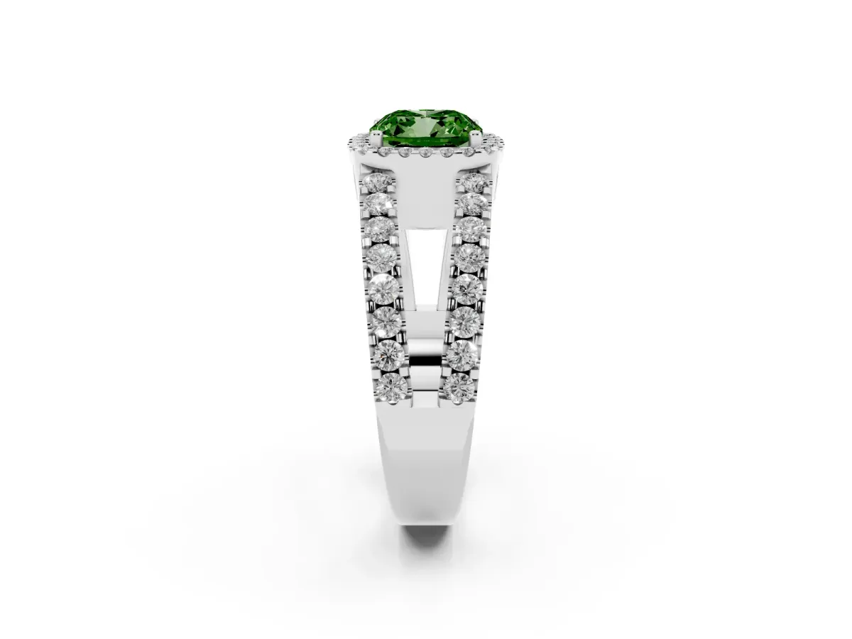 Fancy Green Cushion Cut Cut Halo Split Shank Diamond Ring with Four-Prong Setting Silver