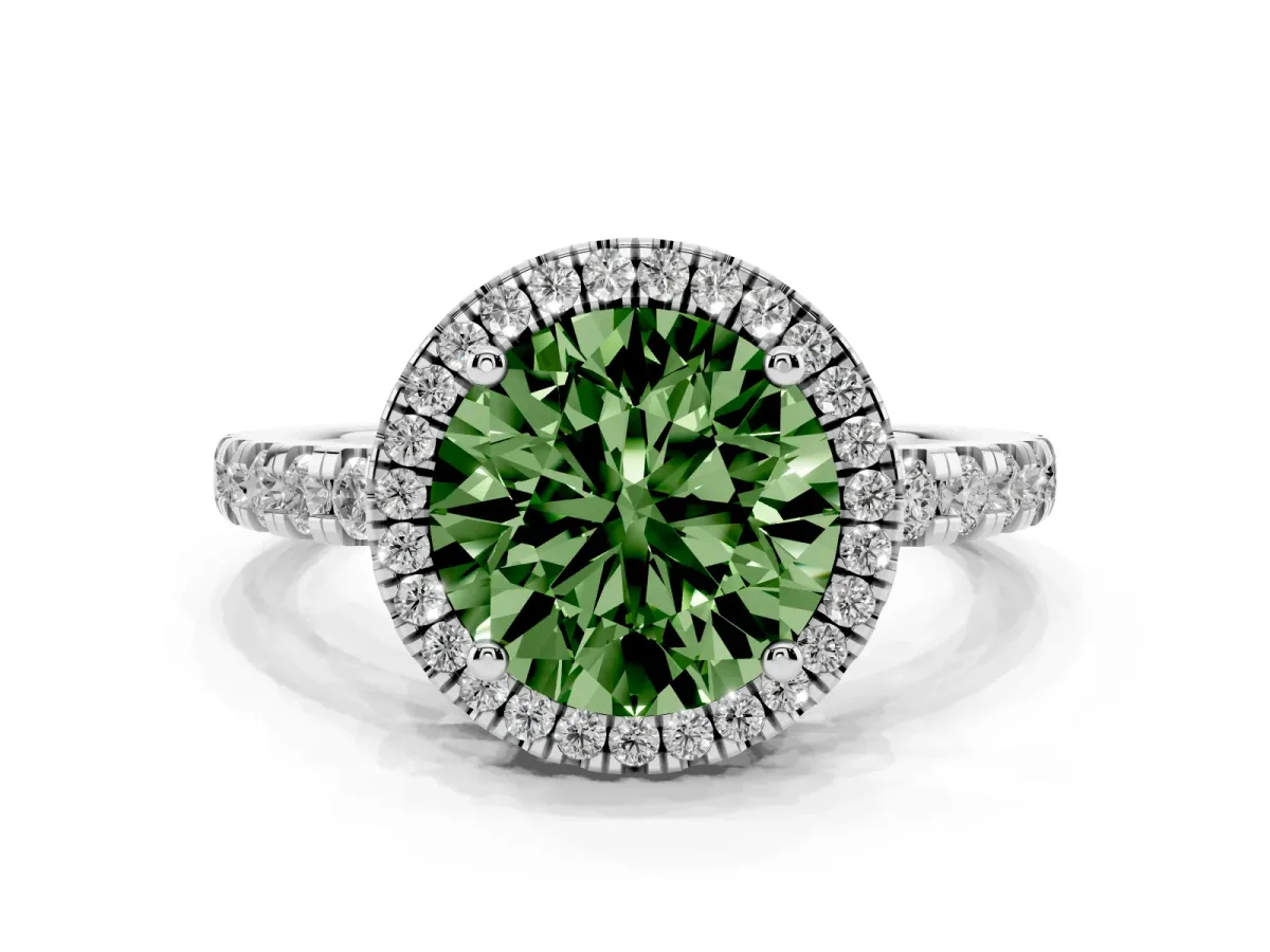 Fancy Green Round Cut Diamond Halo Ring with Pavé Band and Four-Prong Setting Silver