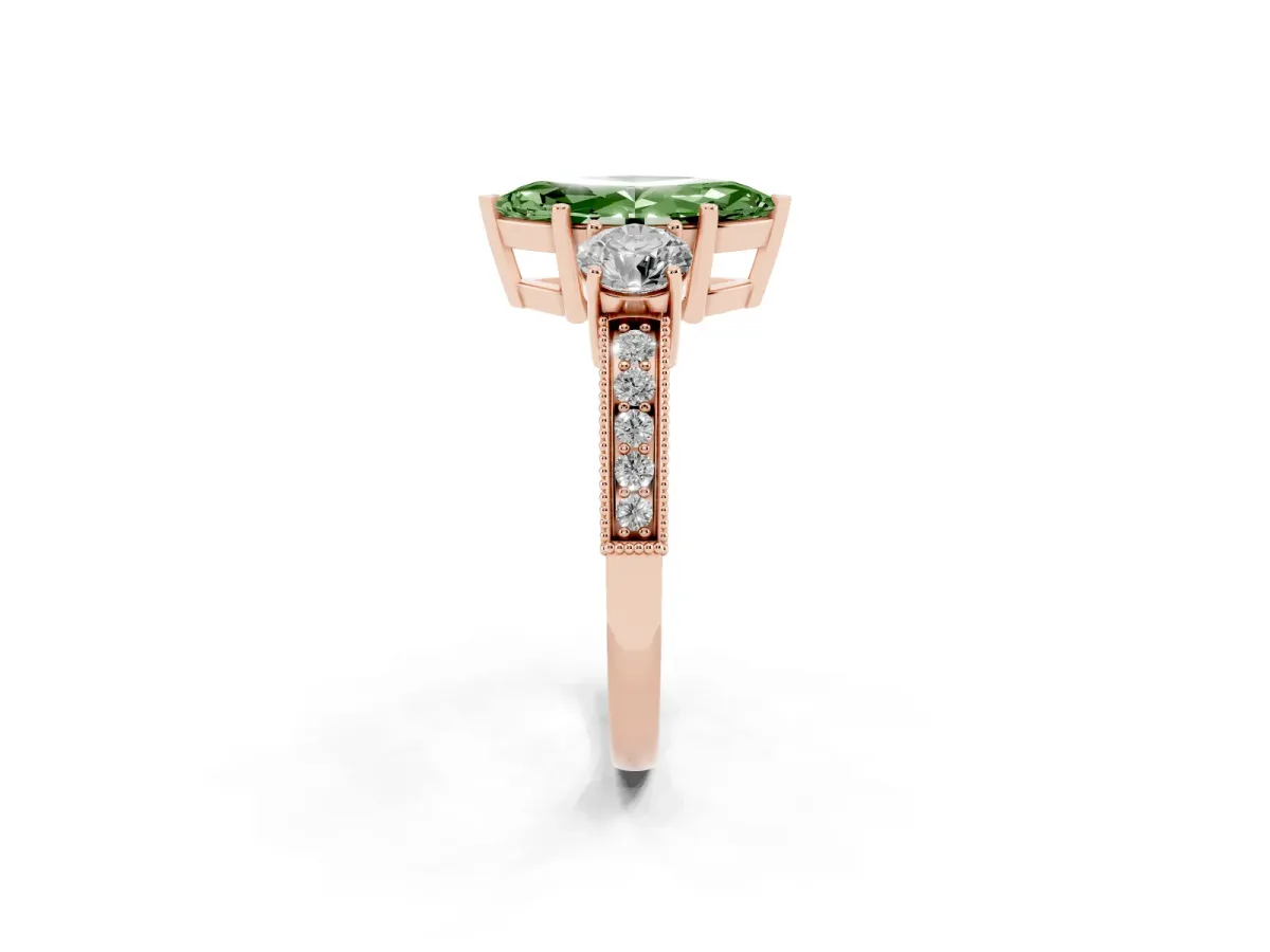 Fancy Green Marquise Cut Three-Stone Diamond Ring with Pavé Band and Four-Prong Setting Rose gold
