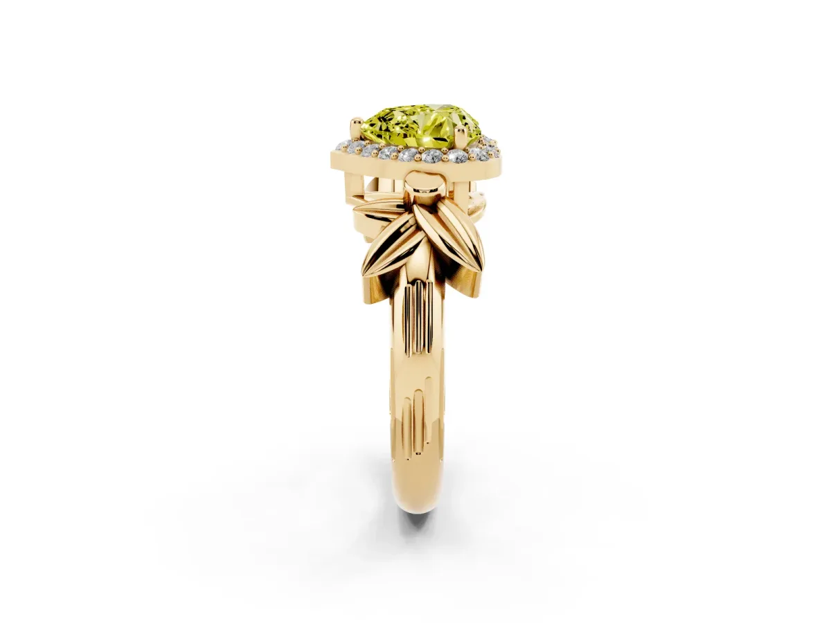 Fancy Yellow Heart Cut Halo Diamond Floral Band with Four-Prong Setting Yellow gold