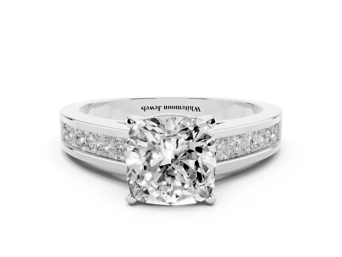Cushion Cut Solitaire Diamond Ring with Channel-Set Band and Four-Prong Setting Platinum