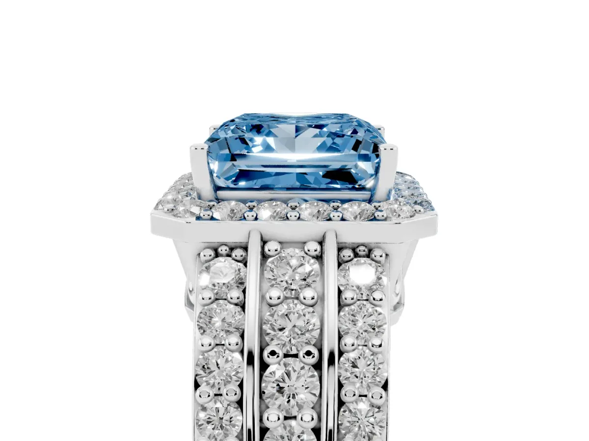 Fancy Blue Princess Cut Halo Diamond Ring with Round Split Shank and Prong Setting Silver
