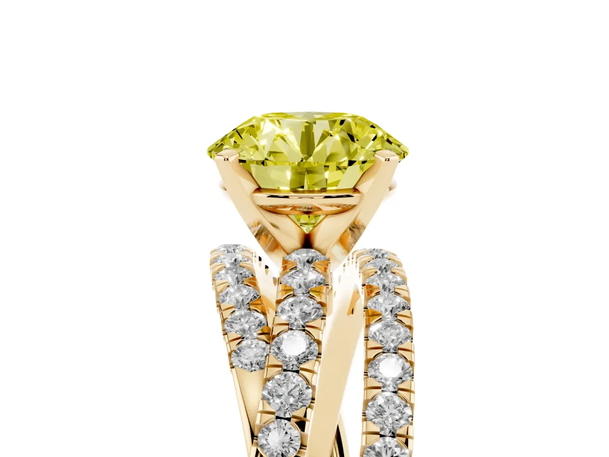 Fancy Yellow Round Cut Solitaire Twist Band with Pavé Setting and Four-Prong Setting Yellow gold