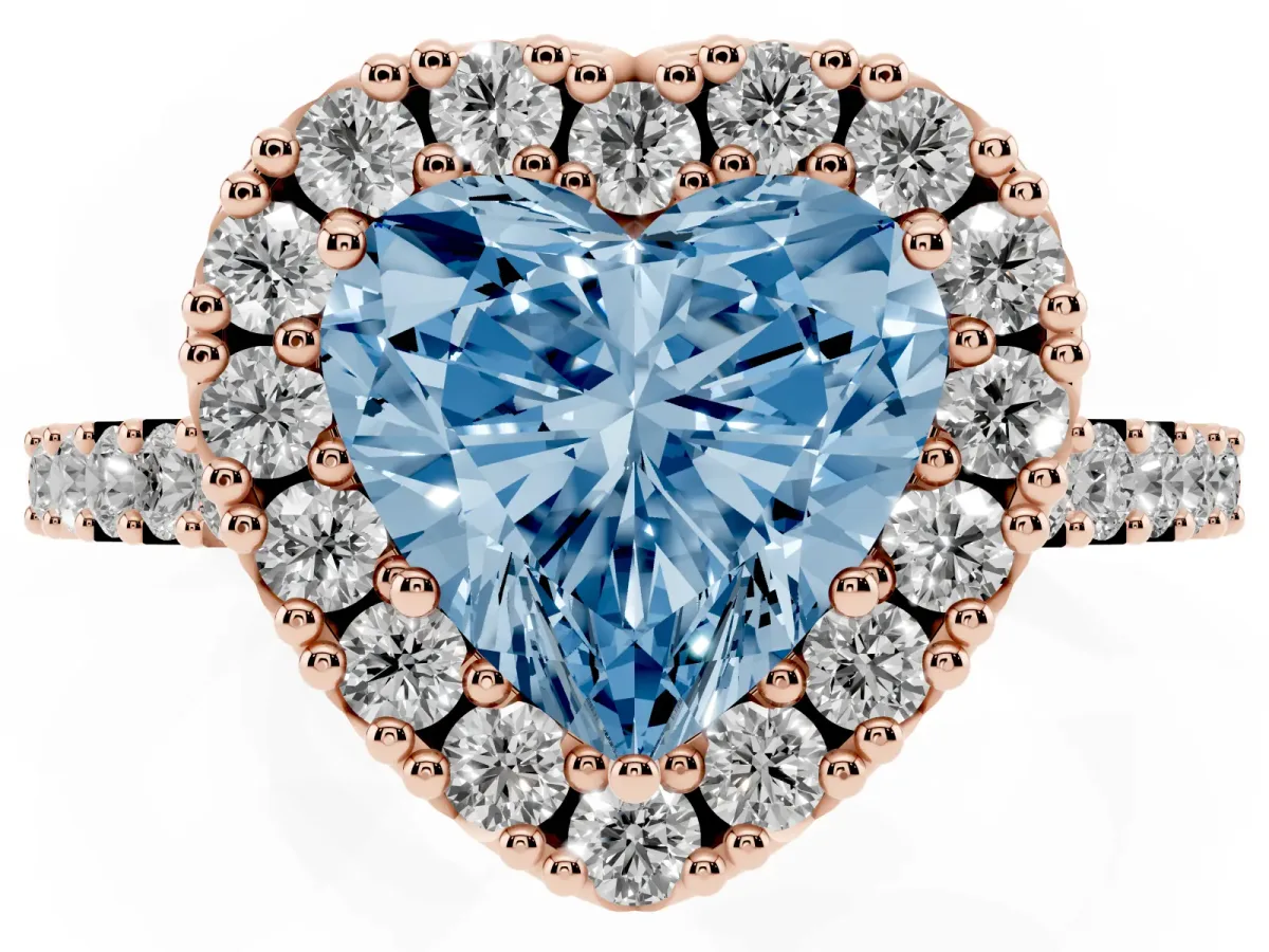 Fancy Blue Heart Cut Halo Diamond Pavé Solitaire Ring Rose gold