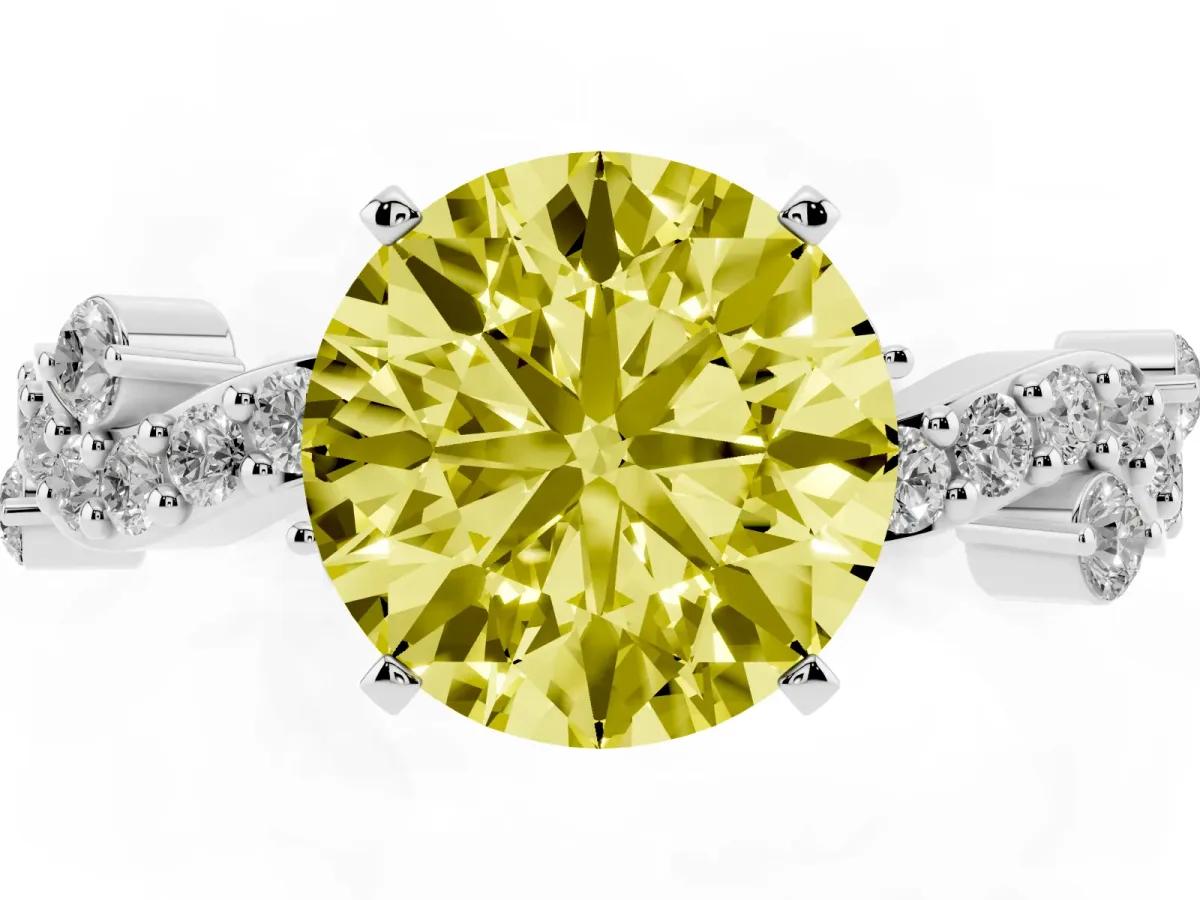 Fancy Yellow Round Cut Cut Solitaire Diamond Twisted Band with Pave Setting Silver
