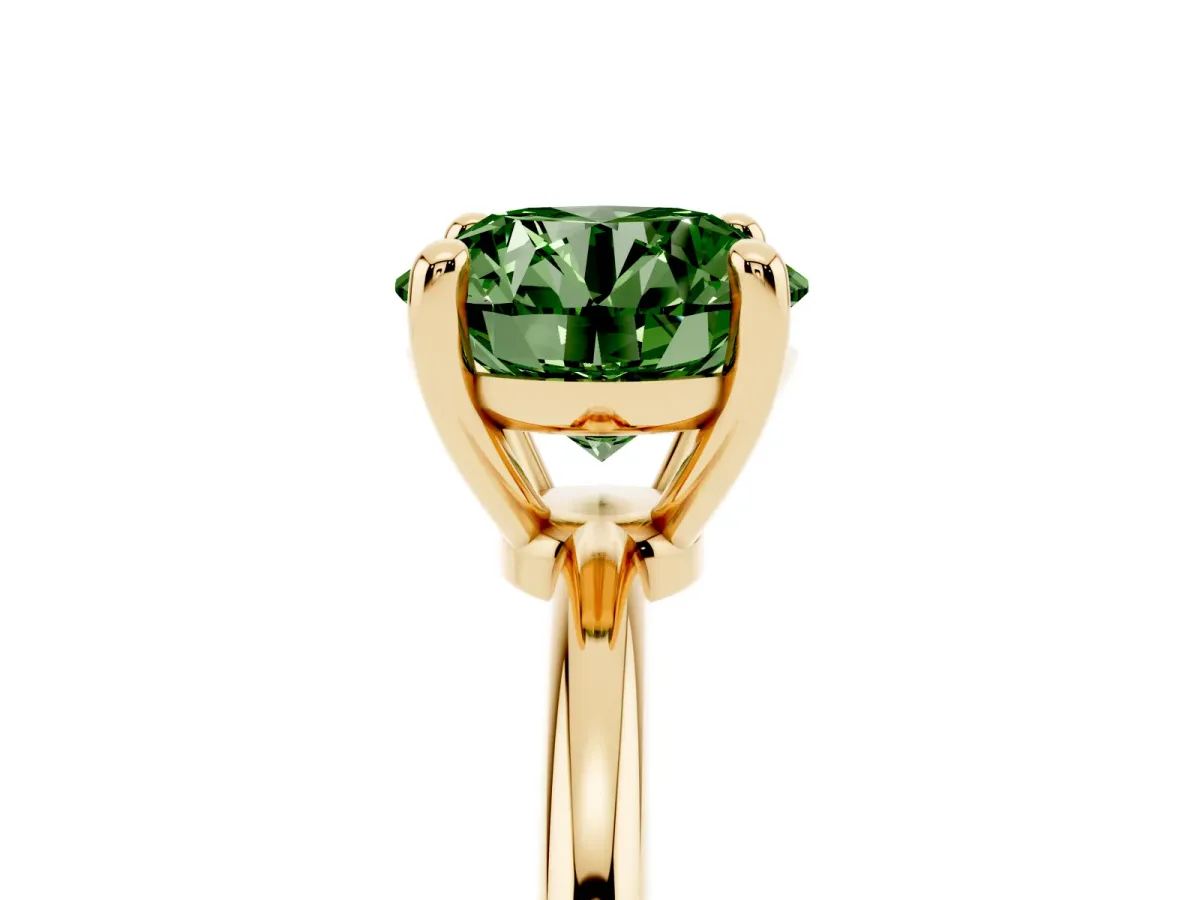 Fancy Green Round Cut Solitaire Diamond Ring with 4-Prong Setting on a Classic Band Yellow gold
