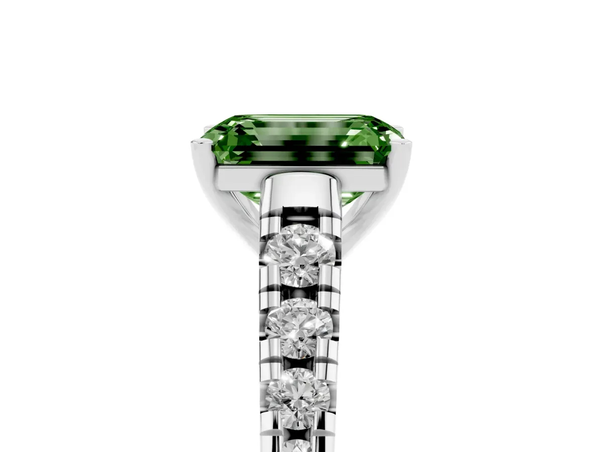 Fancy Green Emerald Cut Diamond Cathedral Solitaire Ring with Round Pavé Band Platinum