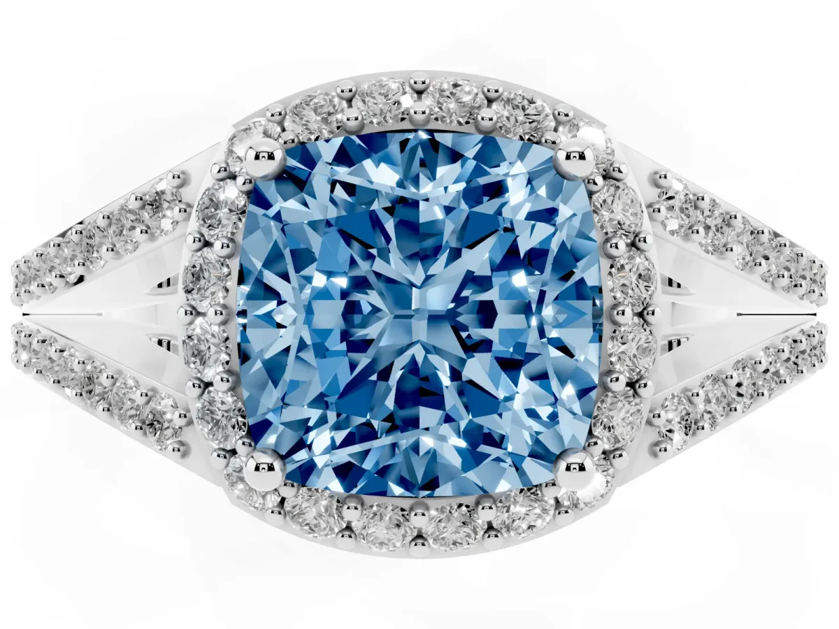 Fancy Blue Cushion Cut Halo Split Shank Diamond Ring with Prong Setting Silver