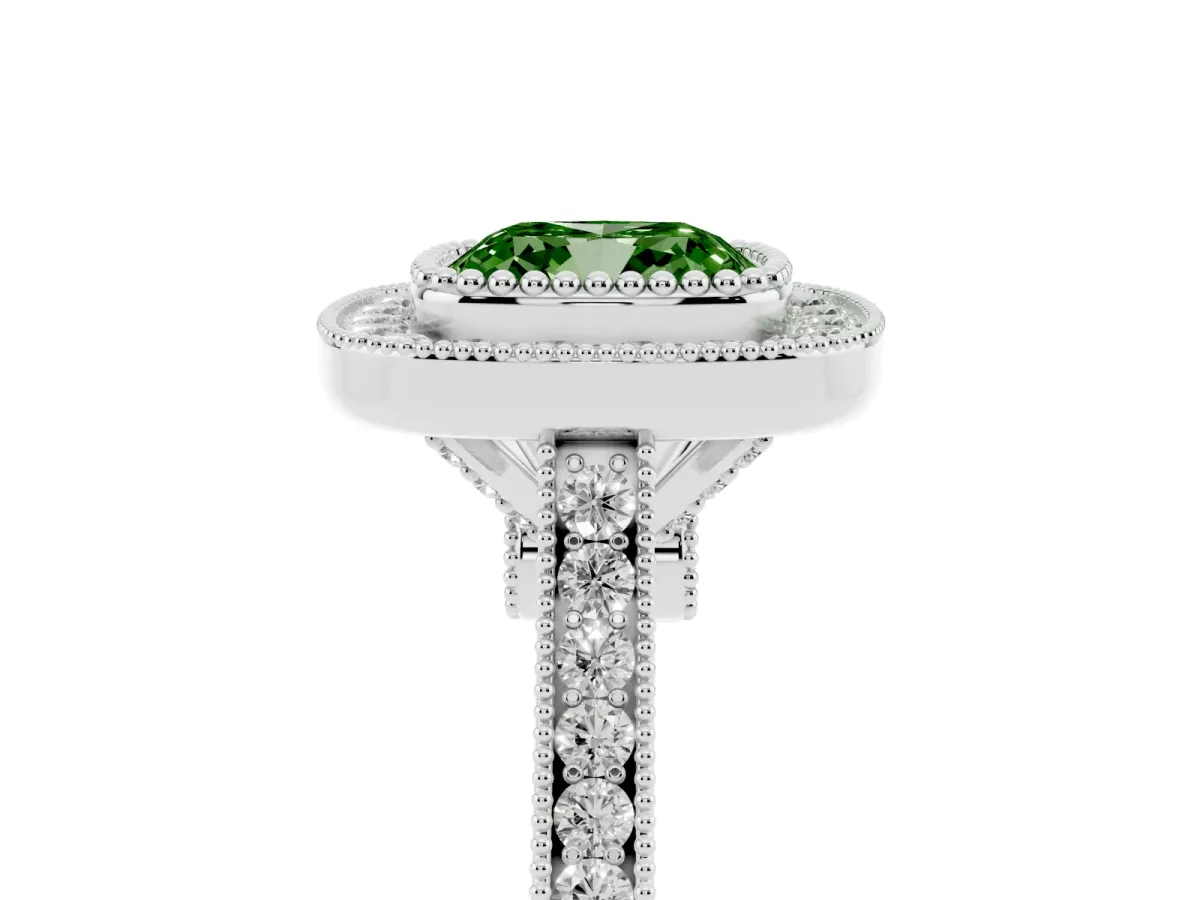 Fancy Green Cushion Cut Diamond Halo Ring with Milgrain Frame and Pavé Band White gold