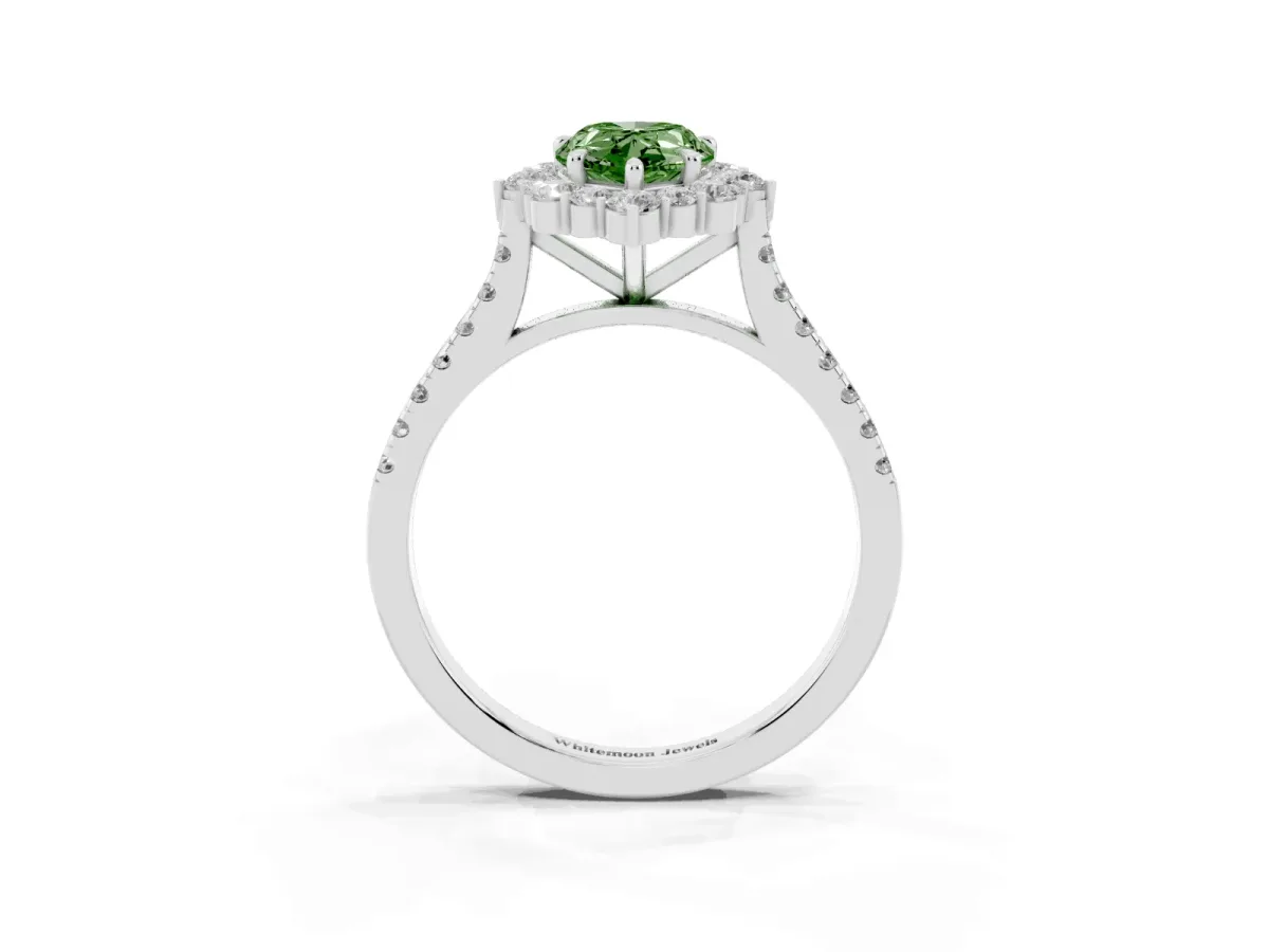 Fancy Green Pear Cut Halo Diamond Ring with Pavé Band and Prong Setting Silver