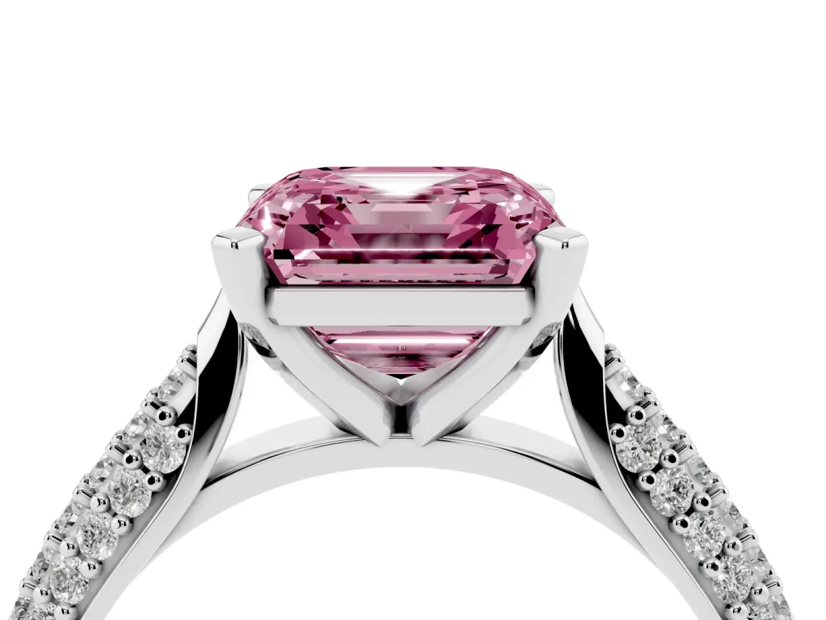 Fancy Pink Asscher Cut Diamond Solitaire Engagement Ring with Multi-Row Round Pavé Band and Prong Setting Platinum