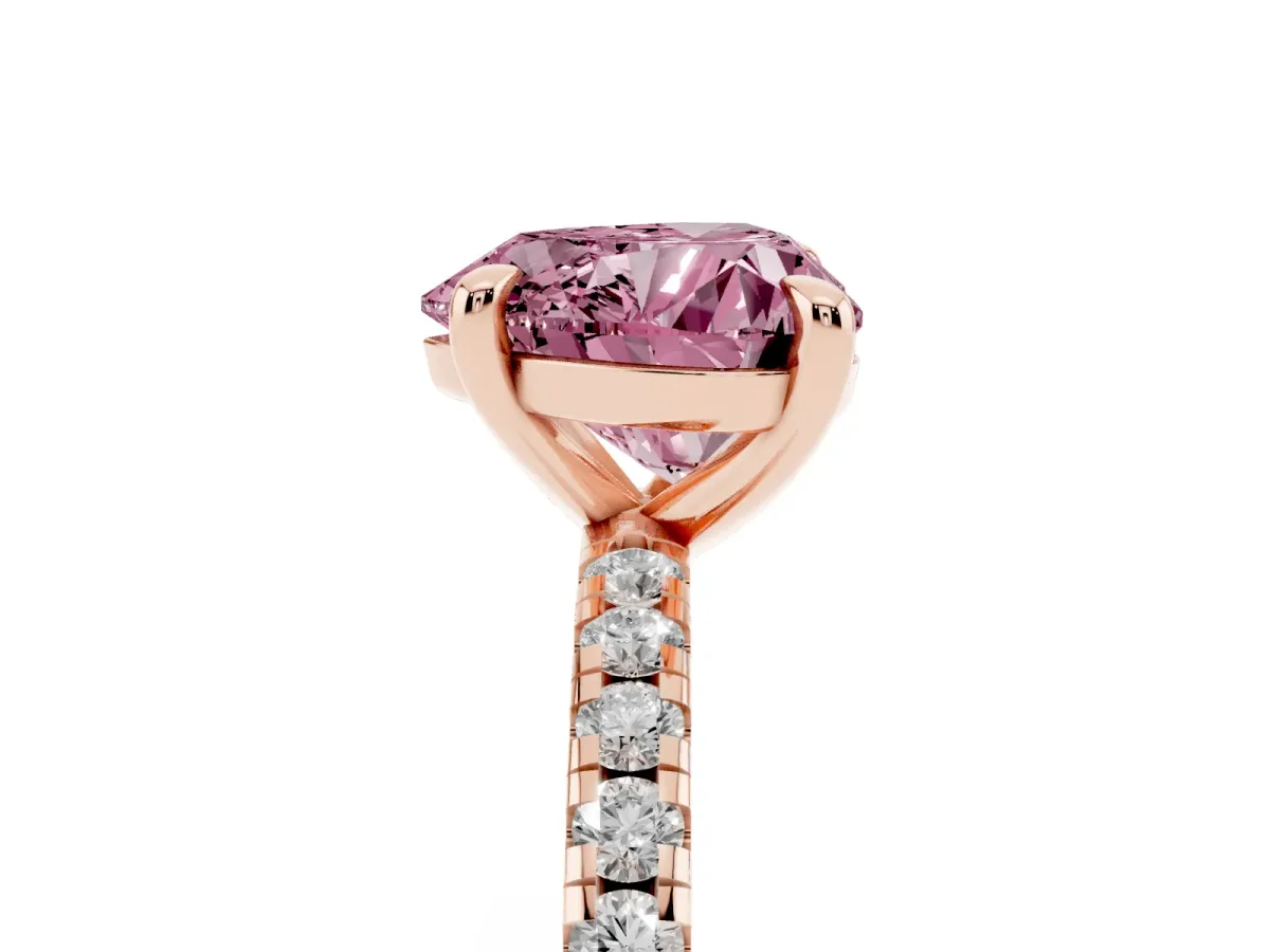 Fancy Pink Heart Cut Diamond Brilliant Solitaire Ring with Pavé Band and Four-Prong Setting Rose gold