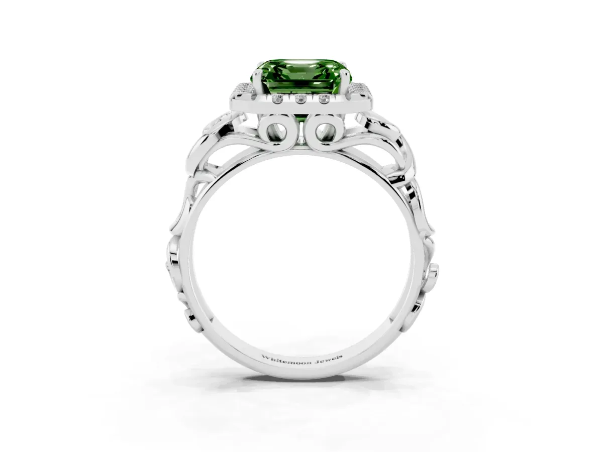 Fancy Green Asscher Cut Cut Halo Diamond Ring with Scrollwork Band and Four-Prong Setting Silver