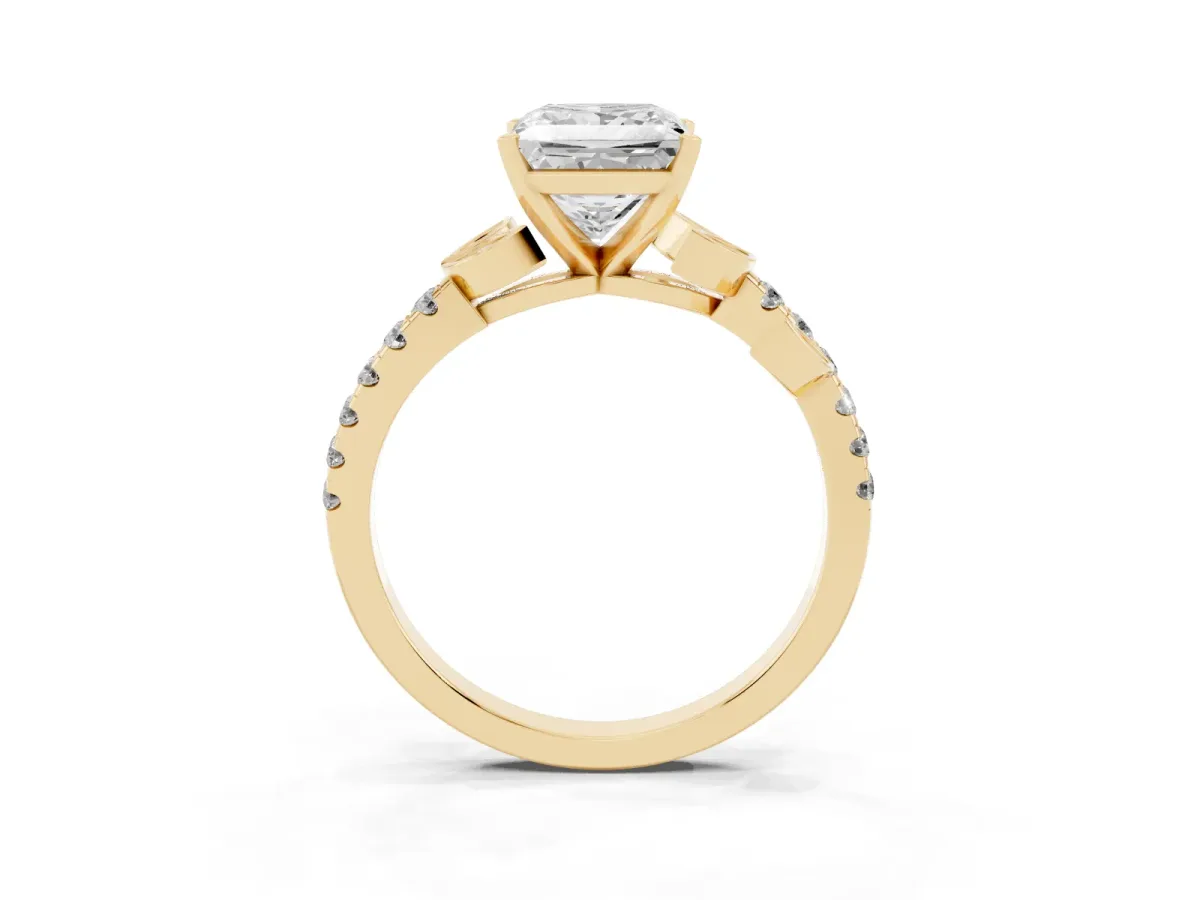 Princess Cut Solitaire Leaf-Inspired Diamond Ring with Pavé Band and Four-Prong Setting Yellow gold