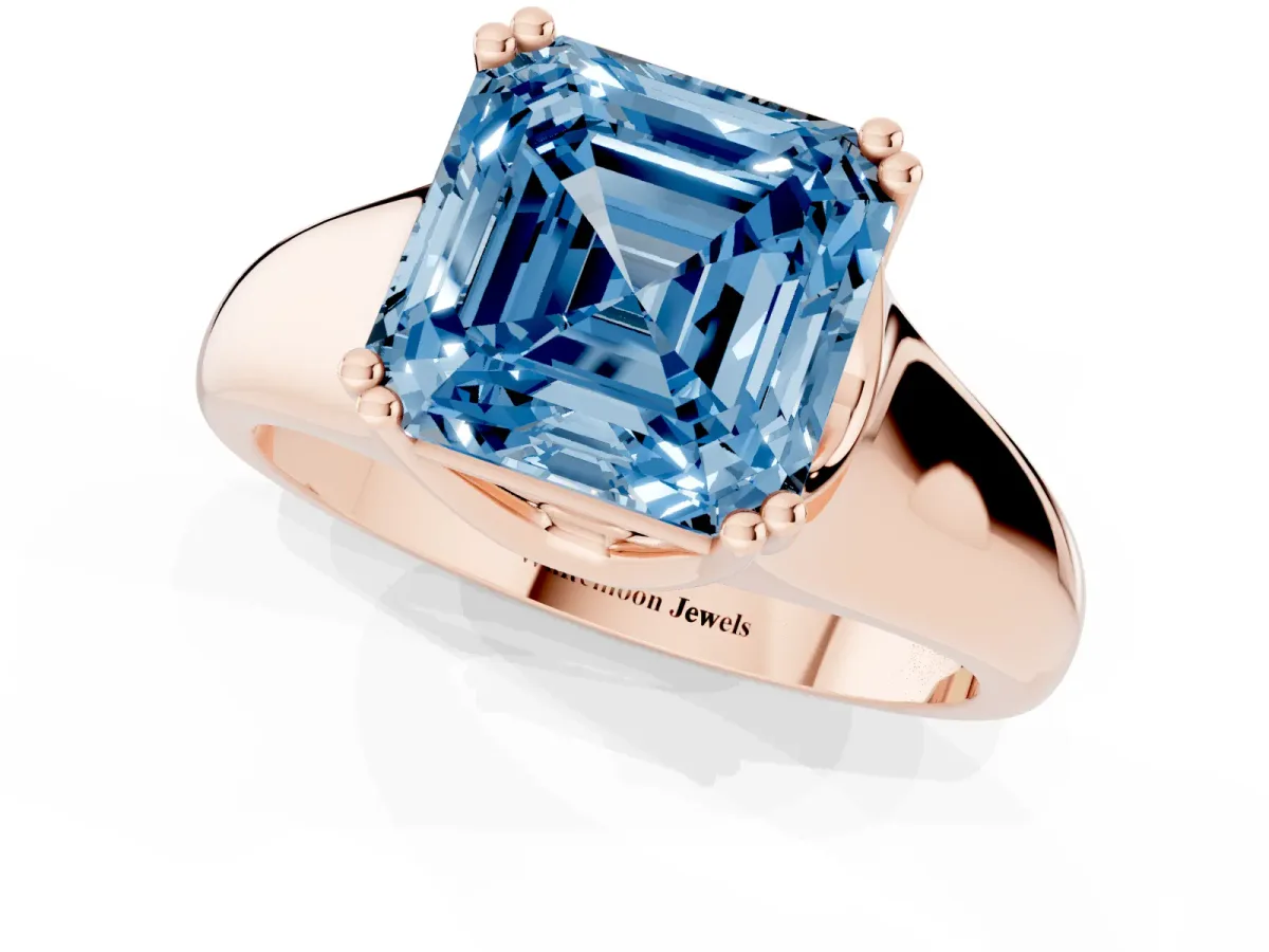 Fancy Blue Asscher Cut Diamond Solitaire Ring with Wide Band and Prong Setting Rose gold