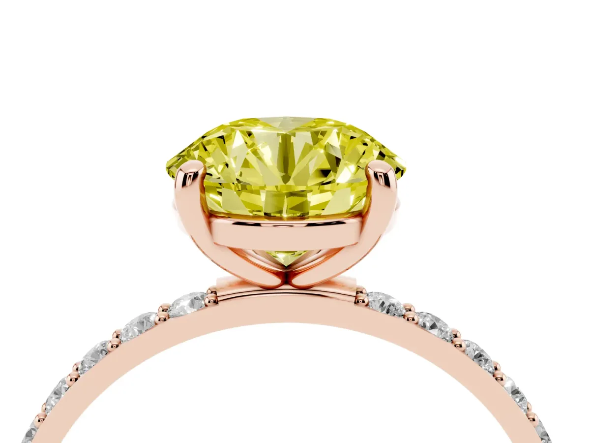 Fancy Yellow Round Cut Diamond Solitaire Ring with Round Pavé Band and Prong Setting Rose gold