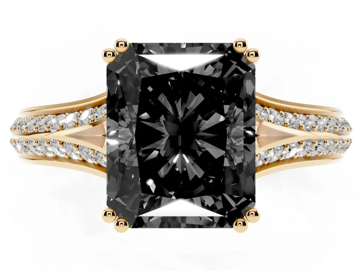 Fancy Black Radiant Cut Diamond Split Shank Engagement Ring with Pavé Band Yellow gold