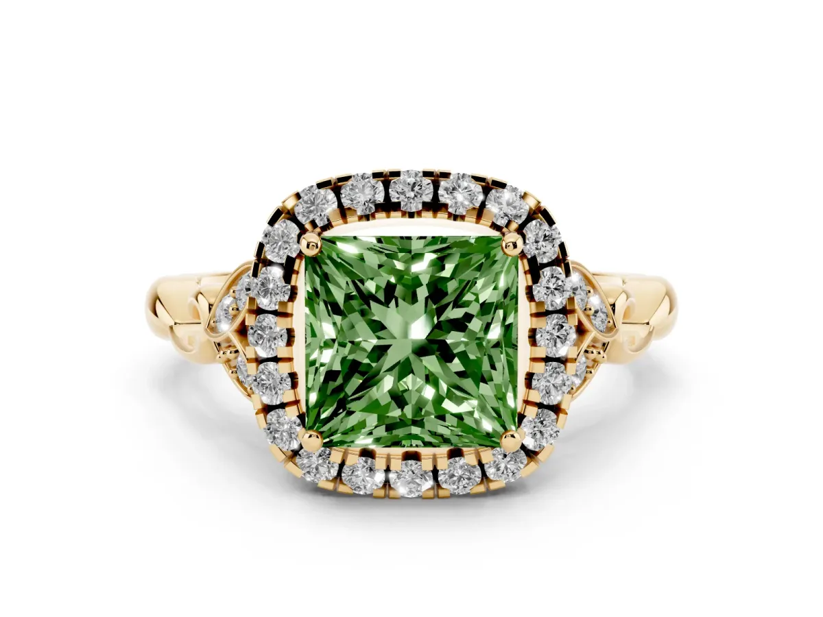 Fancy Green Princess Cut Halo Diamond Engagement Ring with Vintage-Inspired Band and Four-Prong Setting Yellow gold