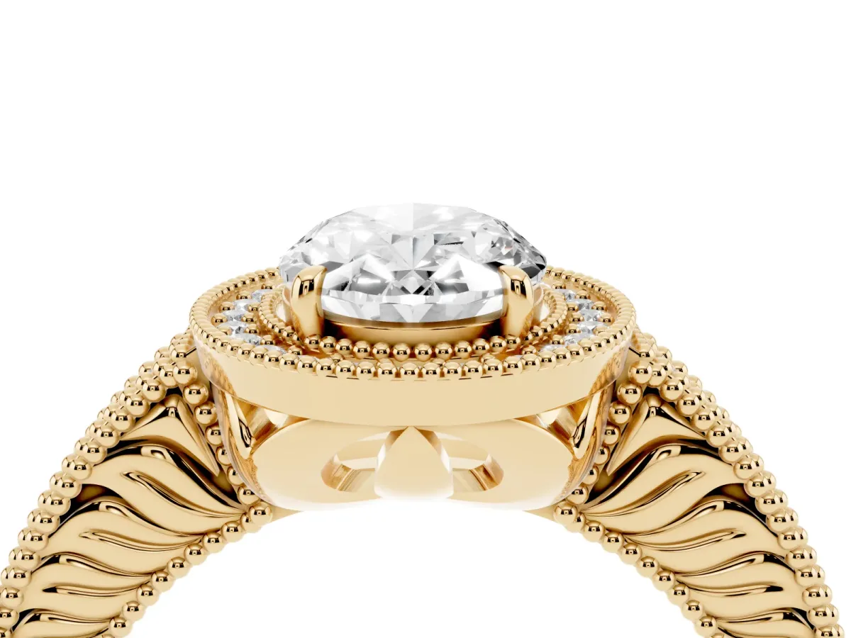 Oval Cut Cut Halo Diamond Ring with Pavé Band and Four-Prong Setting Yellow gold
