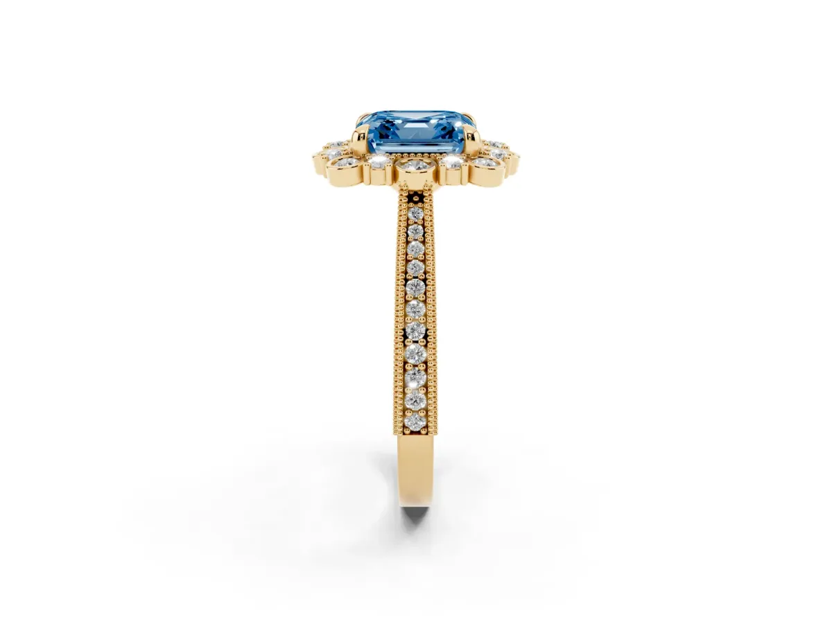 Fancy Blue Asscher Cut Halo Milgrain Pave Diamond Ring with Four-Prong Setting Yellow gold
