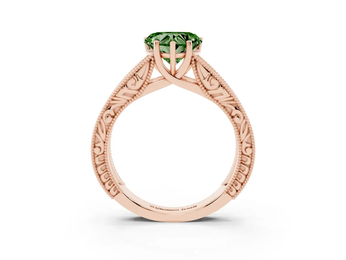Fancy Green Heart Cut Diamond Solitaire Ring with Engraved Band and Four-Prong Setting Rose gold