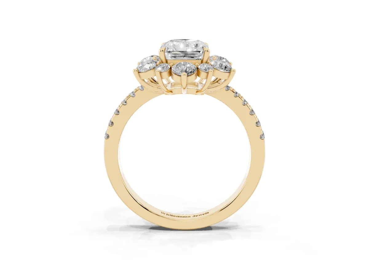 Radiant Cut Diamond Floral Halo Ring with Round Pavé Band and Prong Setting Yellow gold