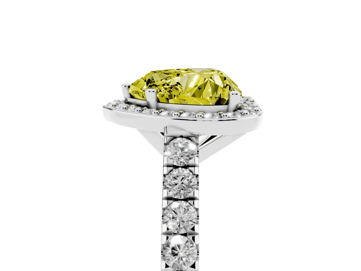 Fancy Yellow Heart Cut Cut Halo Diamond Engagement Ring with Pave Band and Four-Prong Setting Silver