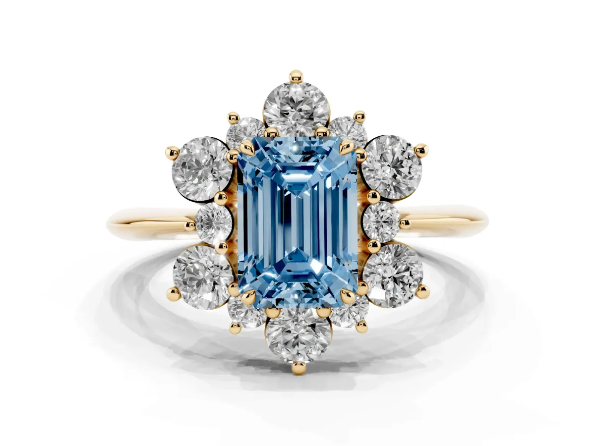 Fancy Blue Emerald Cut Diamond Cluster Halo Ring with Solitaire Band and Four-Prong Setting Yellow gold