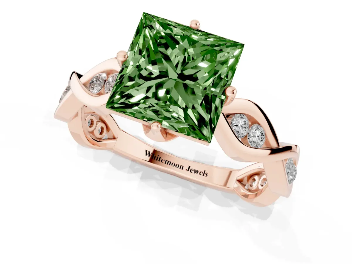 Fancy Green Princess Cut Solitaire Twist Band with Leaf Prong Setting Rose gold