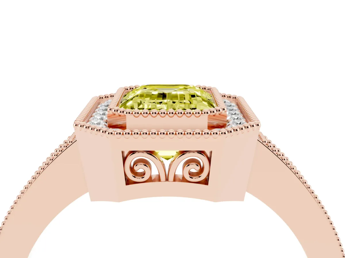 Fancy Yellow Emerald Cut Cut Halo Diamond Ring with Pavé Band and Milgrain Prong Setting Rose gold