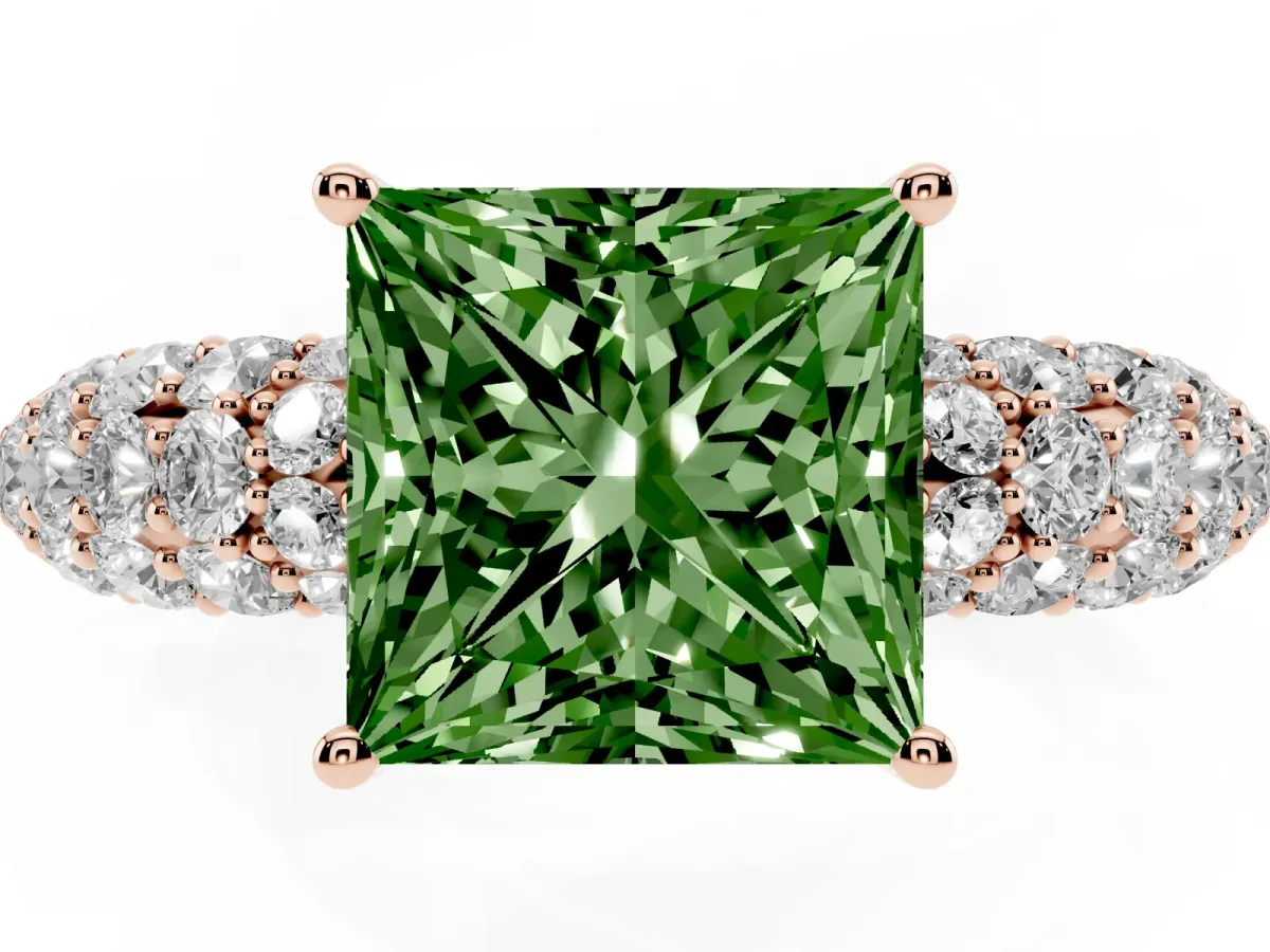 Fancy Green Princess Cut Diamond Pavé Band Solitaire Ring with Four-Prong Setting Rose gold