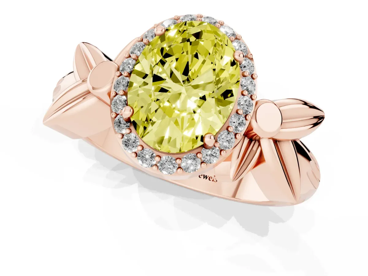 Fancy Yellow Oval Cut Halo Diamond Floral Band with Four-Prong Setting Rose gold