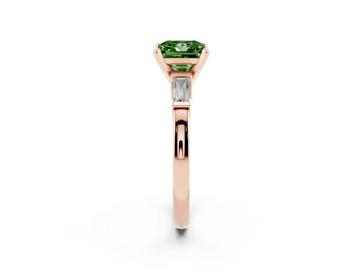 Fancy Green Princess Cut Cut Diamond Solitaire Ring with Tapered Baguette Accents and Four-Prong Setting Rose gold