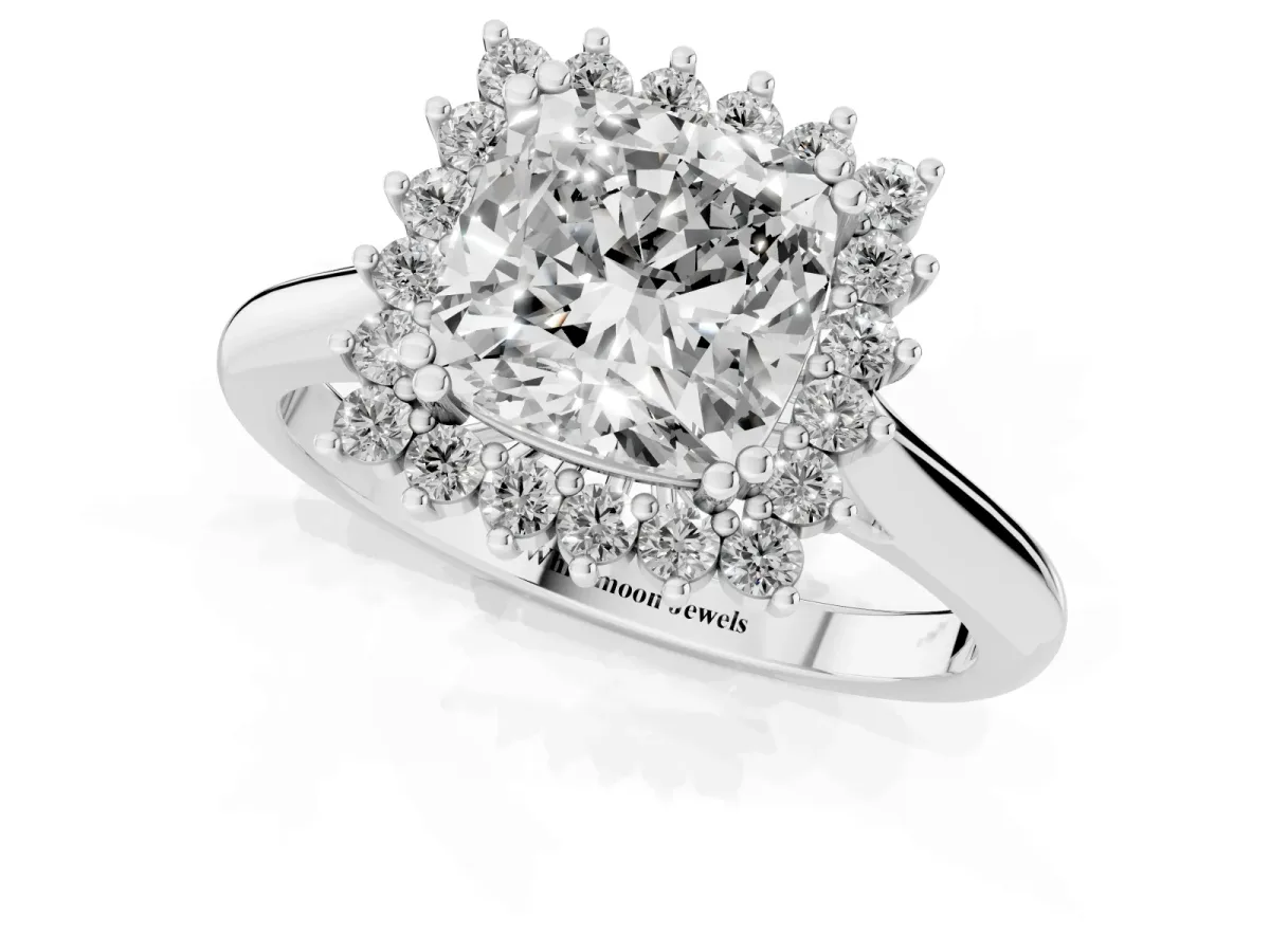 Cushion Cut Cut Diamond Halo Ring with Solitaire Band and Prong Setting Silver