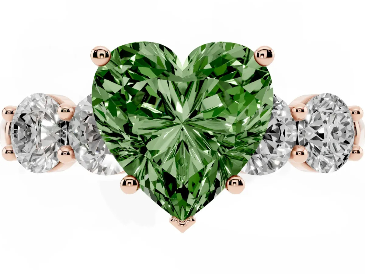 Fancy Green Heart Cut Cut Five-Stone Prong Set Diamond Ring with Classic Band Rose gold