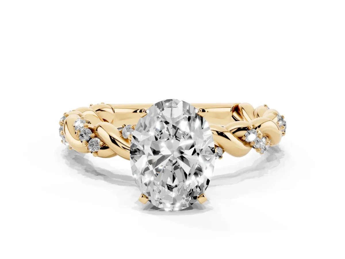 Oval Cut Diamond Solitaire Ring with Twisted Band and Pavé Accents Yellow gold
