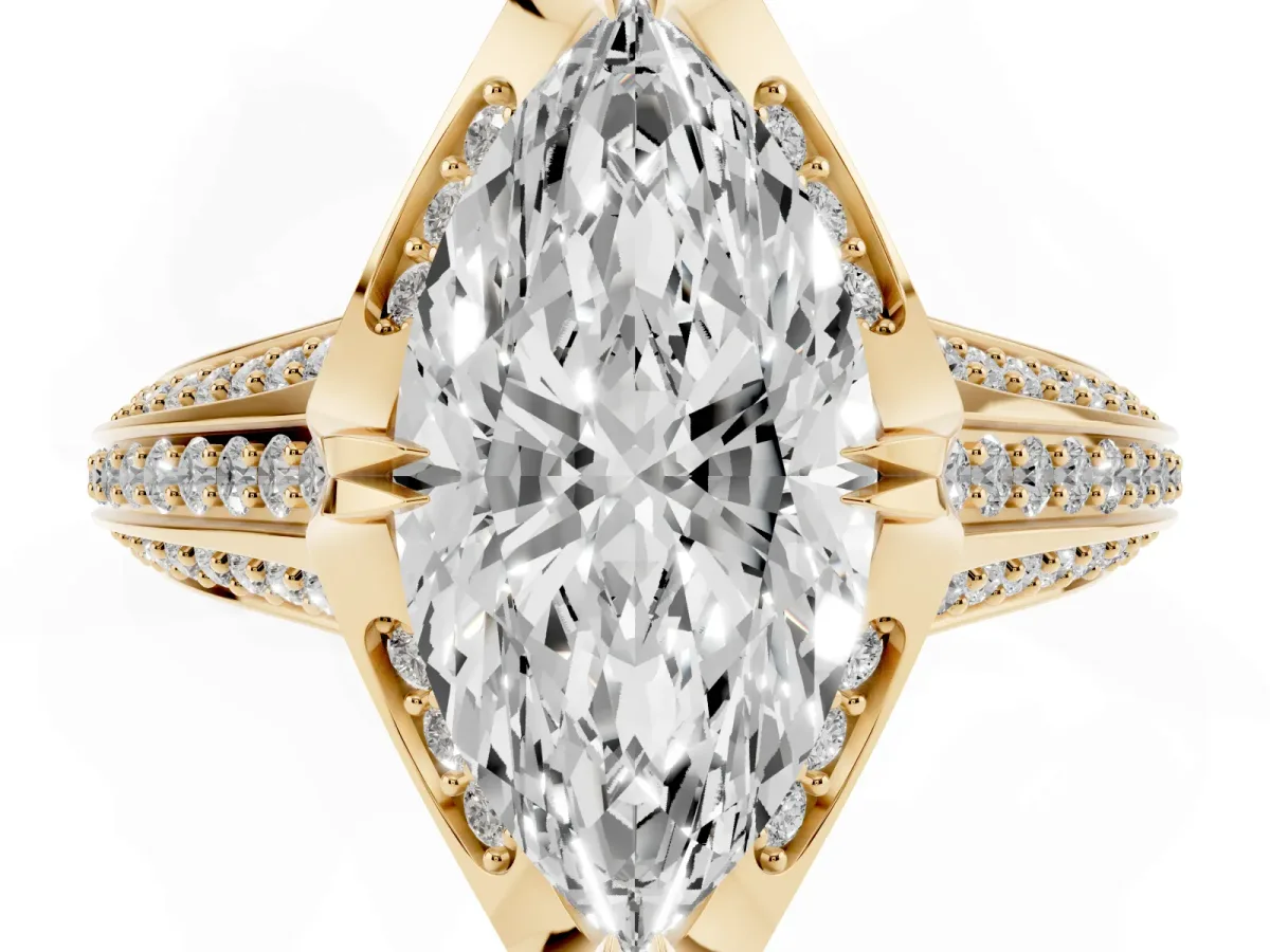 Marquise Cut Solitaire Pave Split Shank Ring with Four-Prong Setting Yellow gold