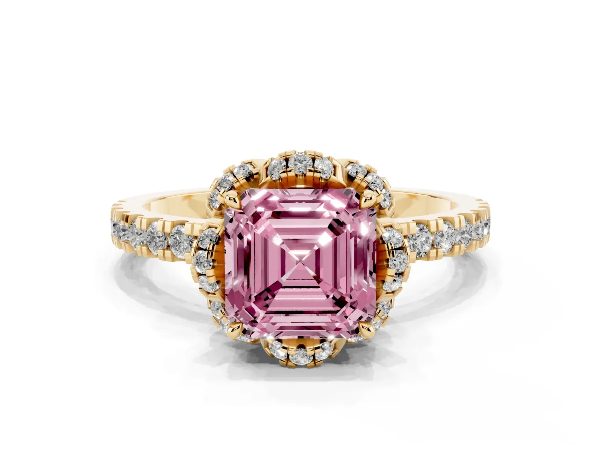 Fancy Pink Asscher Cut Halo Diamond Pave Band Ring with Four-Prong Setting Yellow gold