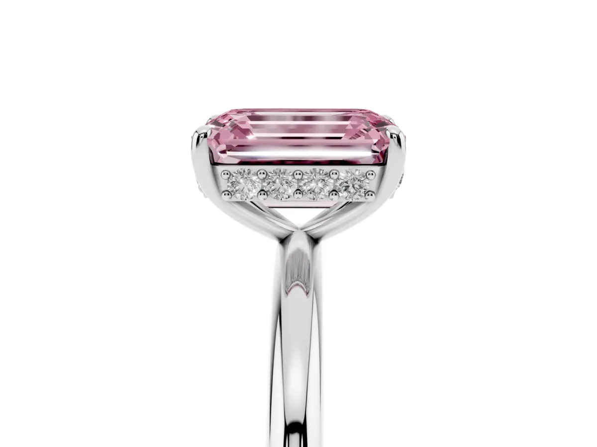 Fancy Pink Emerald Cut Solitaire Diamond Ring with a Classic Band and Four-Prong Setting Silver