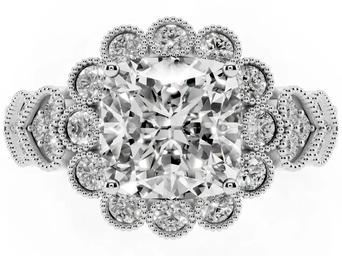 Cushion Cut Brilliant Milgrain Pave Heart Band Solitaire Ring Silver